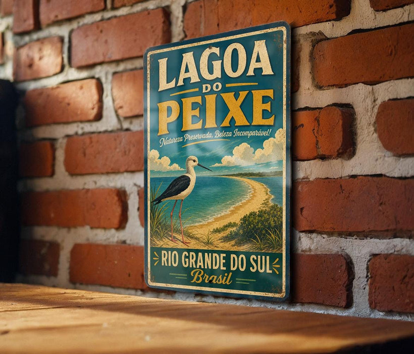 A vintage-style metal sign with the text "LAGOÃO DO PEIXE" and a picture of a bird standing on a beach.