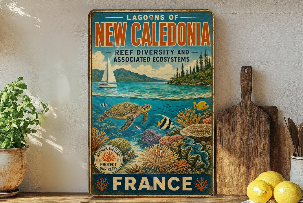A vintage-style poster of the Lagoon of New Caledonia, featuring a seascape with a sailboat, coral reefs, and marine life.