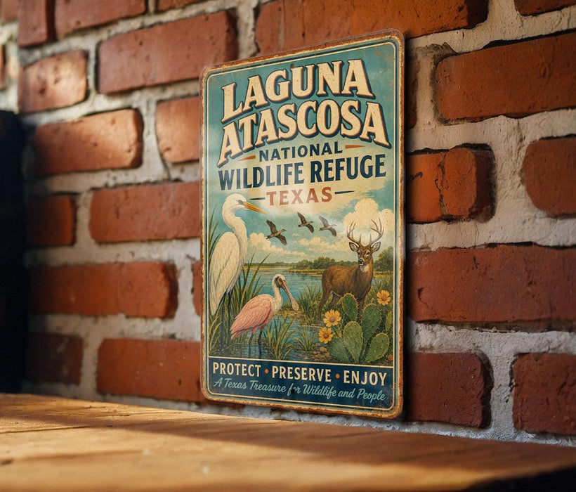 A vintage-style metal sign for the Laguna Atascosa National Wildlife Refuge in Texas, featuring illustrations of wildlife and a serene landscape.