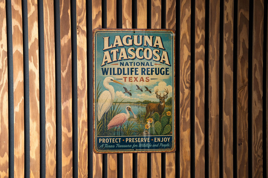 A vintage metal sign for Laguna Atascosa National Wildlife Refuge in Texas, featuring an illustration of various wildlife species.