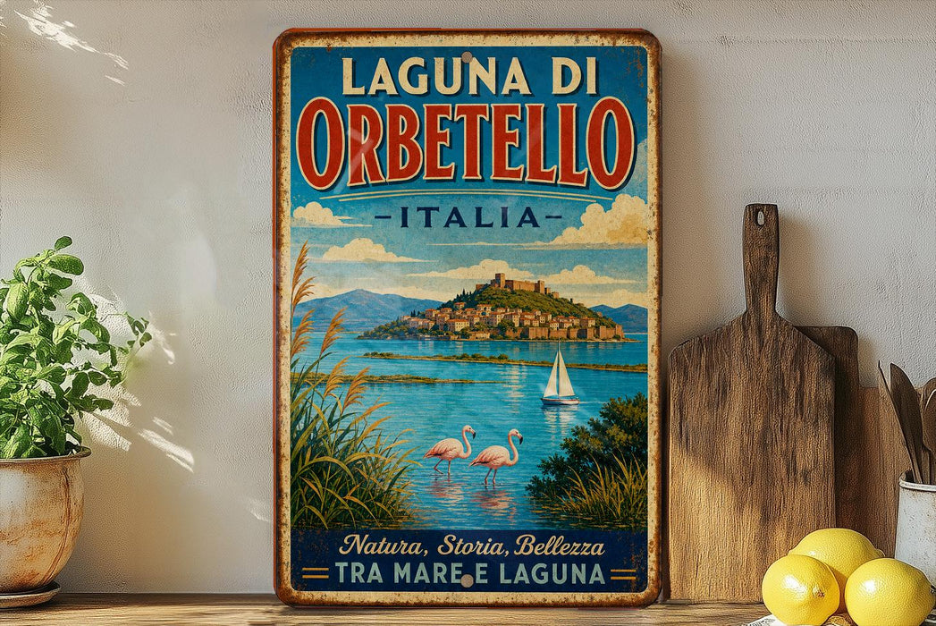 A vintage-style metal sign for Laguna di Orbetello, Italy, featuring a scenic image of the island and its surroundings.