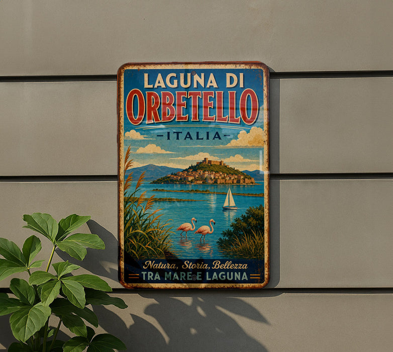 A vintage-style metal sign with a colorful illustration of a coastal town and a sailboat, mounted on a wall.