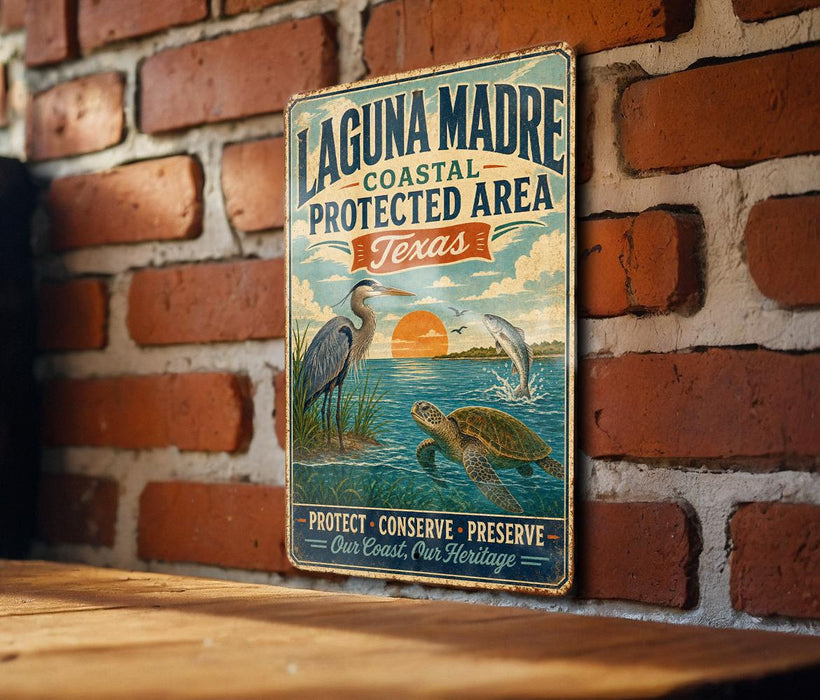 A vintage-style metal sign for the Laguna Madre Coastal Protected Area in Texas, featuring illustrations of birds, fish, and a sunset over the water.