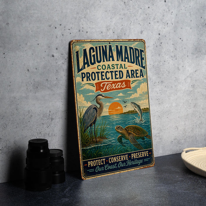 A vintage-style metal sign for Laguna Madre Coastal Protected Area in Texas, featuring illustrations of birds, a heron, and a turtle, along with the text "PROTECT, CONSERVE, PRESERVE Our Coast Our Heritage".