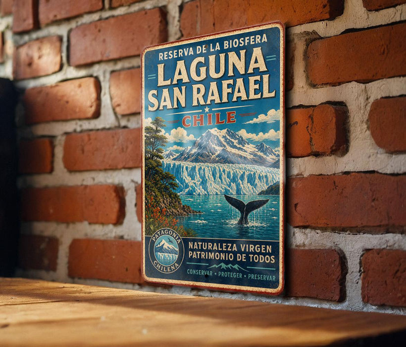 A vintage-style metal sign with a mountain landscape and a whale in the water, mounted on a brick wall.