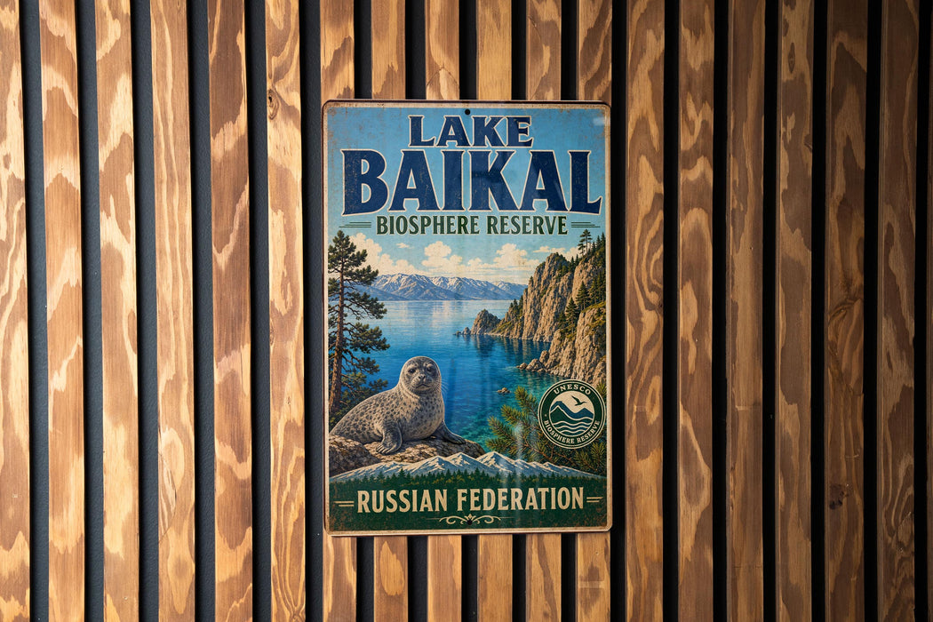 A vintage-style metal sign for Lake Baikal, the world's largest freshwater lake, with a scenic image of the lake and mountains.