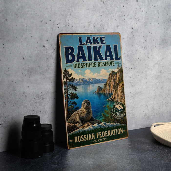 A vintage-style sign for Lake Baikal, the world's largest freshwater lake, with a scenic illustration of the lake and surrounding landscape.