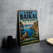 A vintage-style sign for Lake Baikal, the world's largest freshwater lake, with a scenic illustration of the lake and surrounding landscape.