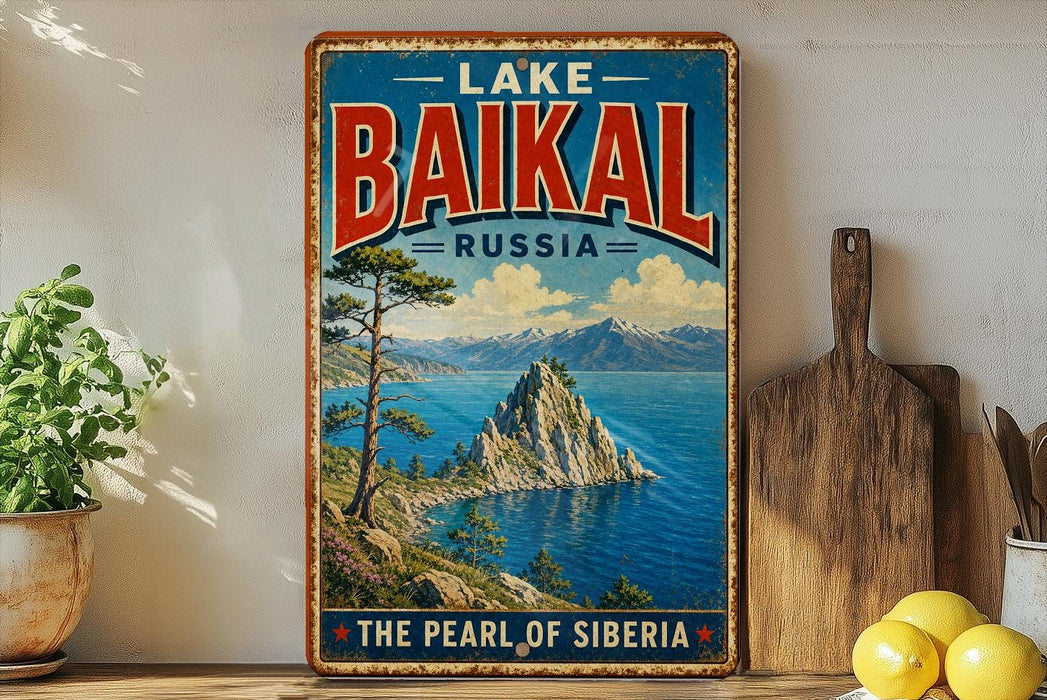 A vintage-style metal sign displaying the name "Lake Baikal" and the location "RUSSIA" with a scenic image of the lake and mountains.