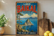 A vintage-style metal sign displaying the name "Lake Baikal" and the location "RUSSIA" with a scenic image of the lake and mountains.