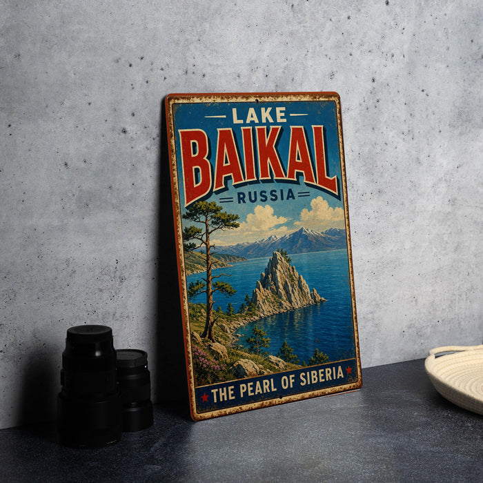 A vintage-style sign for Lake Baikal, Russia, featuring a scenic landscape with mountains, a lake, and a pine tree.