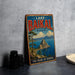 A vintage-style sign for Lake Baikal, Russia, featuring a scenic landscape with mountains, a lake, and a pine tree.