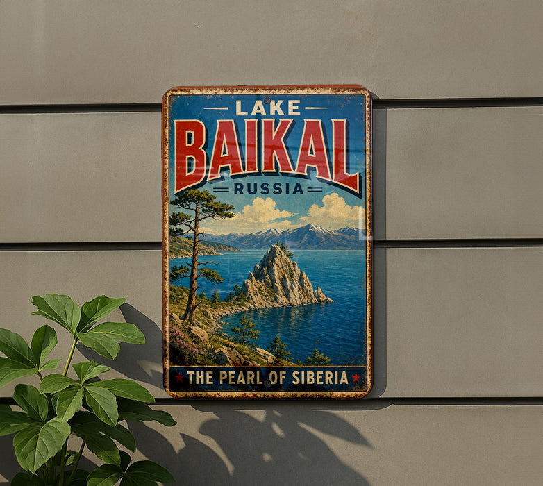 A vintage metal sign on a wall, featuring the text "LAKE BAIKAL RUSSIA" and "THE PEARL OF SIBERIA", along with a scenic image of a mountain and a lake.