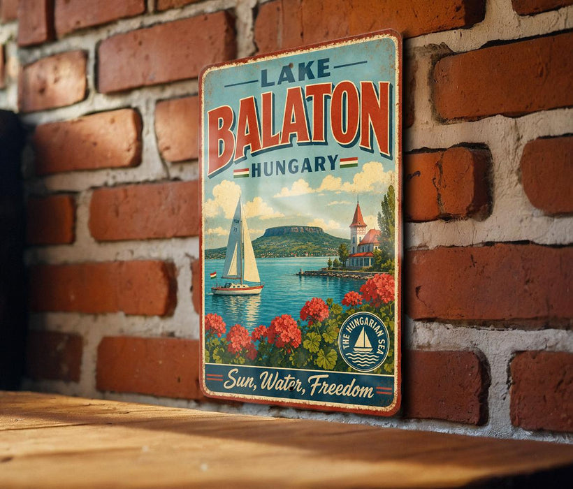 A vintage-style metal sign with the text "Lake Balaton, Hungary" and a sailing ship illustration, mounted on a brick wall.