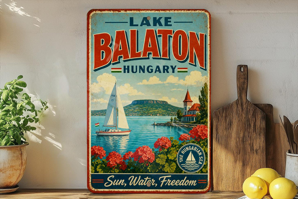 A vintage-style metal sign advertising Lake Balaton, Hungary, featuring a sailboat on the lake and a castle in the background.