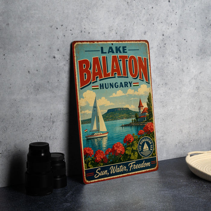 A vintage-style metal sign for Lake Balaton, Hungary, featuring a sailboat and a scenic landscape.