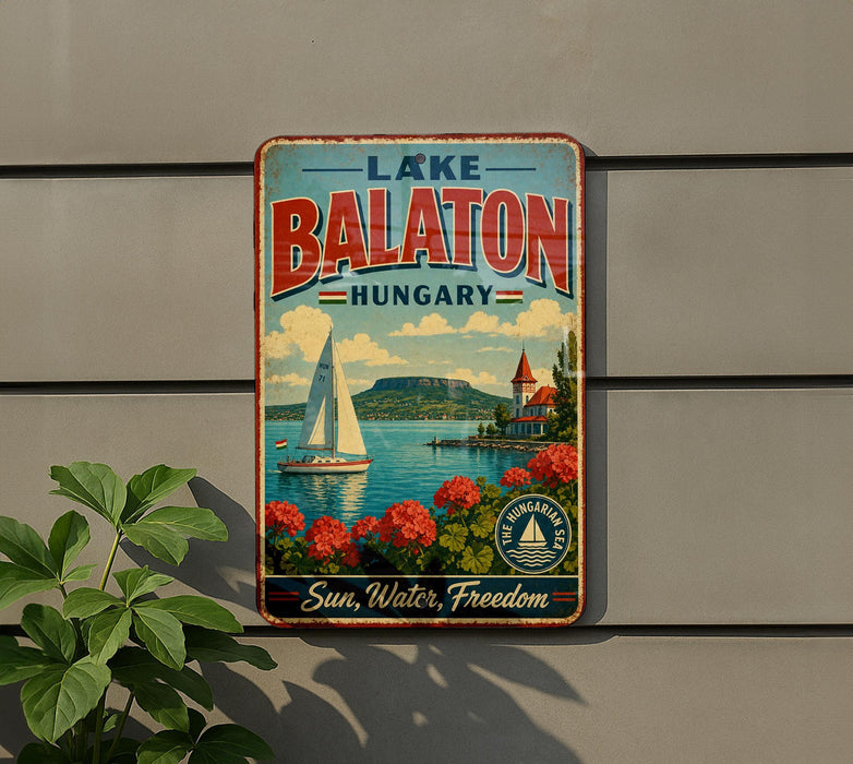 A vintage-style metal sign with the text "LAKE BALATON HUNGARY" and a sailboat image, hanging on a wall.