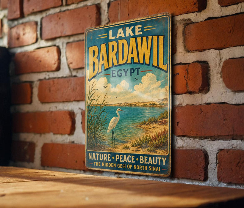 A vintage-style sign for Lake Bardawil in Egypt, featuring a seagull and a scenic landscape.