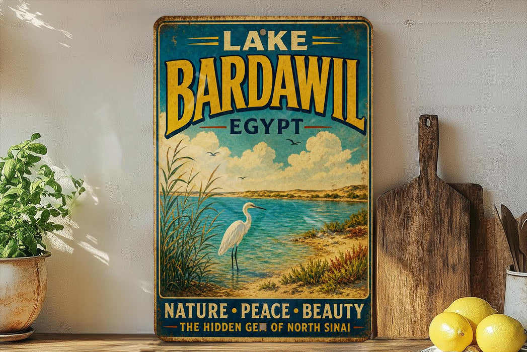 A vintage-style sign for Lake Bardawil in Egypt, featuring a seagull and a scenic landscape, is displayed on a shelf next to a wooden cutting board and a potted plant.