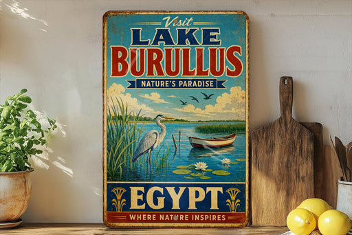 a vintage-style sign for Lake Burullus, Egypt, with a scenic illustration of a lake, a heron, and a boat. The sign encourages visitors to "Visit Lake Burullus" and highlights the "Nature's Paradise" of the region.