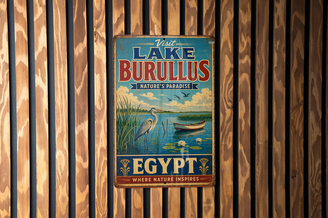 a vintage metal sign with a nature-themed illustration, mounted on a wooden wall.