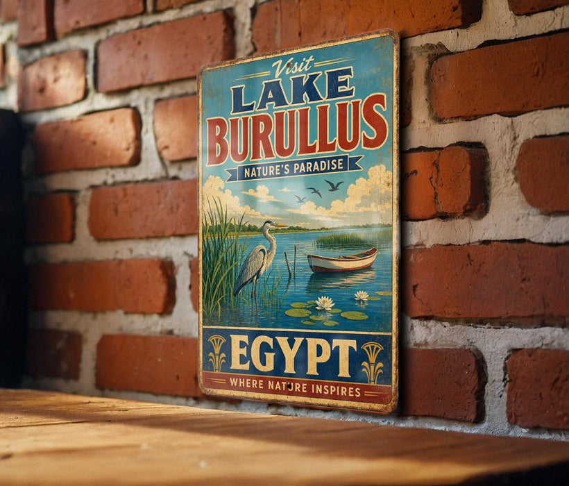 a vintage-style metal sign with a scenic illustration of a lake, a boat, and a bird, mounted on a brick wall.