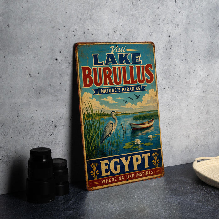 A vintage metal sign advertising Lake Burullus, Egypt, with a scenic illustration of a lake, boat, and birds.
