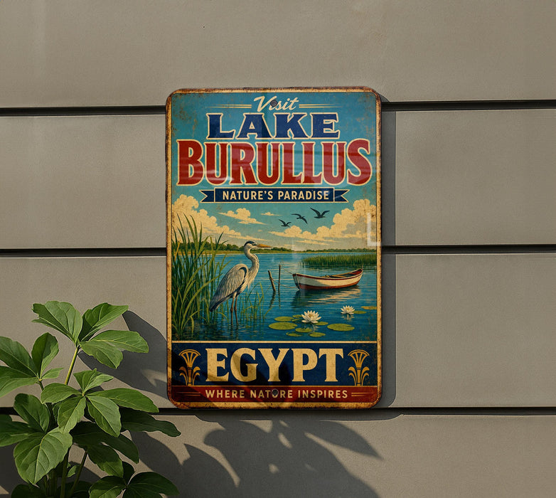 a vintage metal sign advertising Lake Burullus, a nature reserve in Egypt.