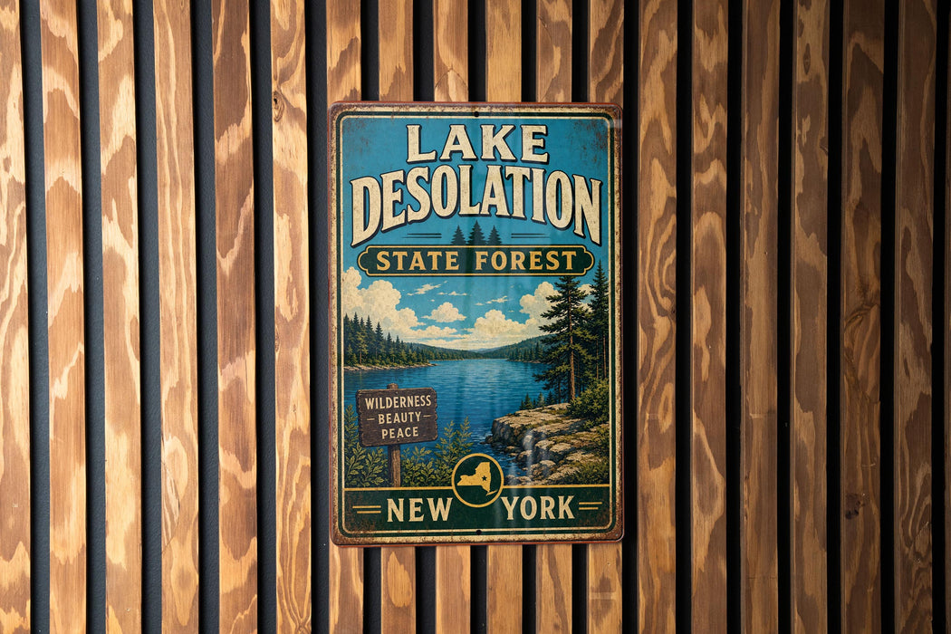 A vintage-style metal sign for Lake Desolation State Forest in New York, featuring a scenic landscape with a lake, mountains, and pine trees.