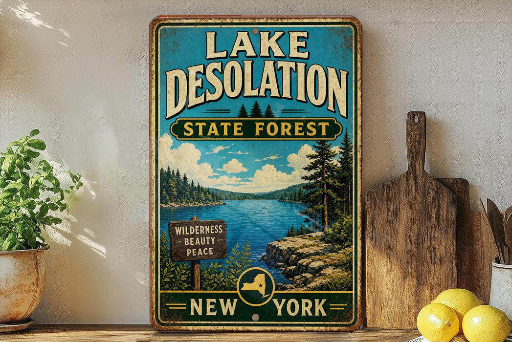 A vintage-style sign for Lake Desolation State Forest in New York, featuring a scenic landscape with a lake, pine trees, and mountains.
