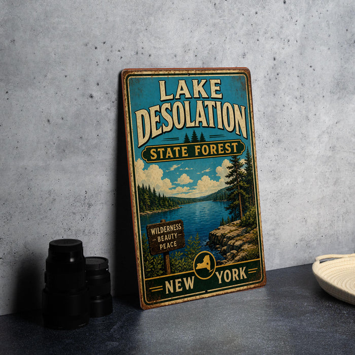 A vintage-style sign for Lake Desolation State Forest in New York, featuring a scenic landscape with a lake, pine trees, and mountains.