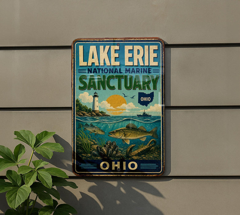 A vintage-style metal sign for Lake Erie National Marine Sanctuary in Ohio, featuring a lighthouse, fish, and a sunset over the water.