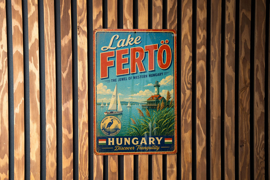 A vintage-style metal sign with the text "Lake Fertö" and "The Jewel of Western Hungary" is displayed on a wooden wall.