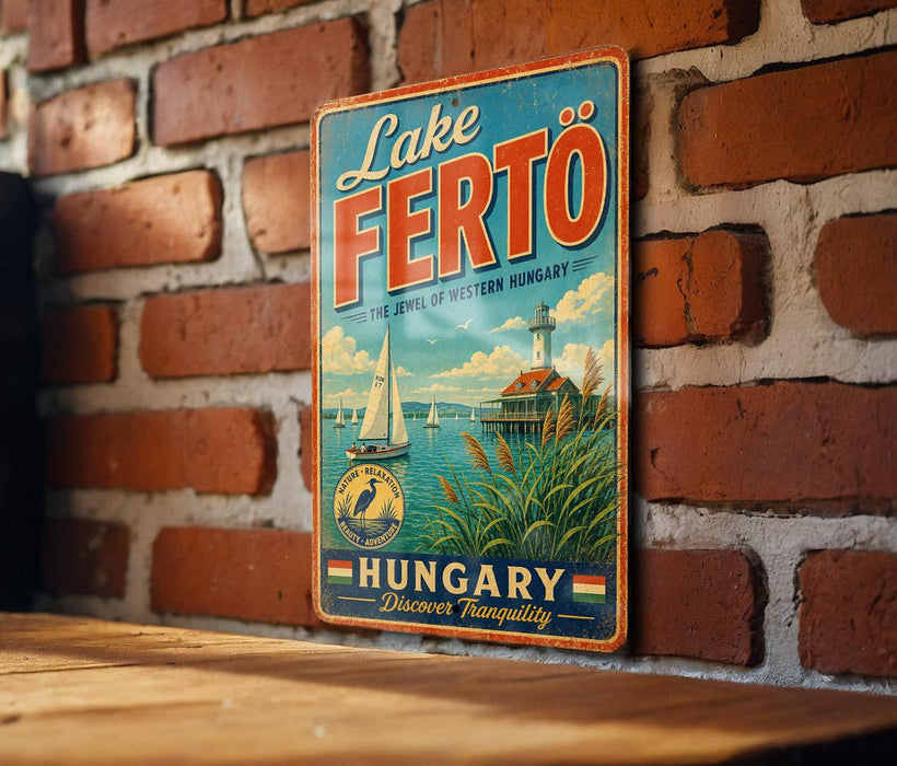 A vintage-style sign for Lake Ferto, the jewel of Western Hungary, is displayed on a brick wall.