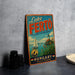 A vintage-style sign for Lake Fertö, a famous lake in Western Hungary, featuring a sailboat and a lighthouse.