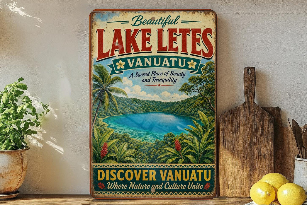 A vintage-style sign advertising Lake Letés, Vanuatu, featuring a tropical landscape with a lake, palm trees, and lush vegetation.