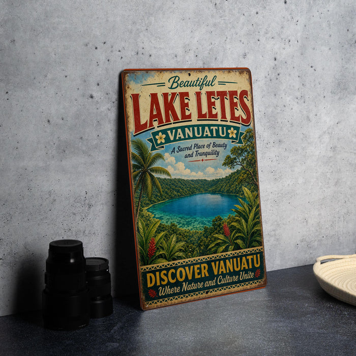 A vintage-style sign advertising Lake Leetes, Vanuatu, with a tropical landscape and a lake in the background.