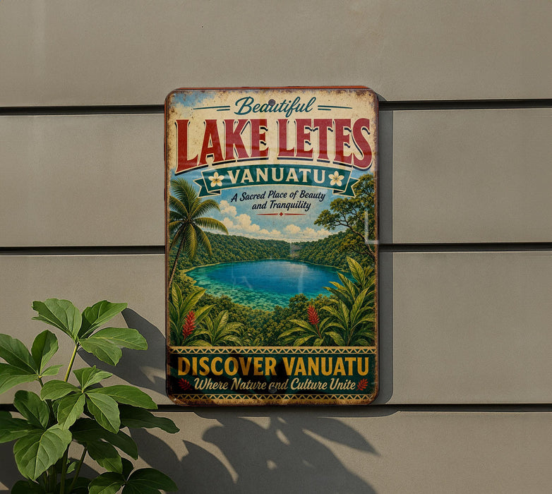 A vintage-style sign advertising Lake Letes in Vanuatu, featuring a tropical landscape with palm trees and a blue lake.