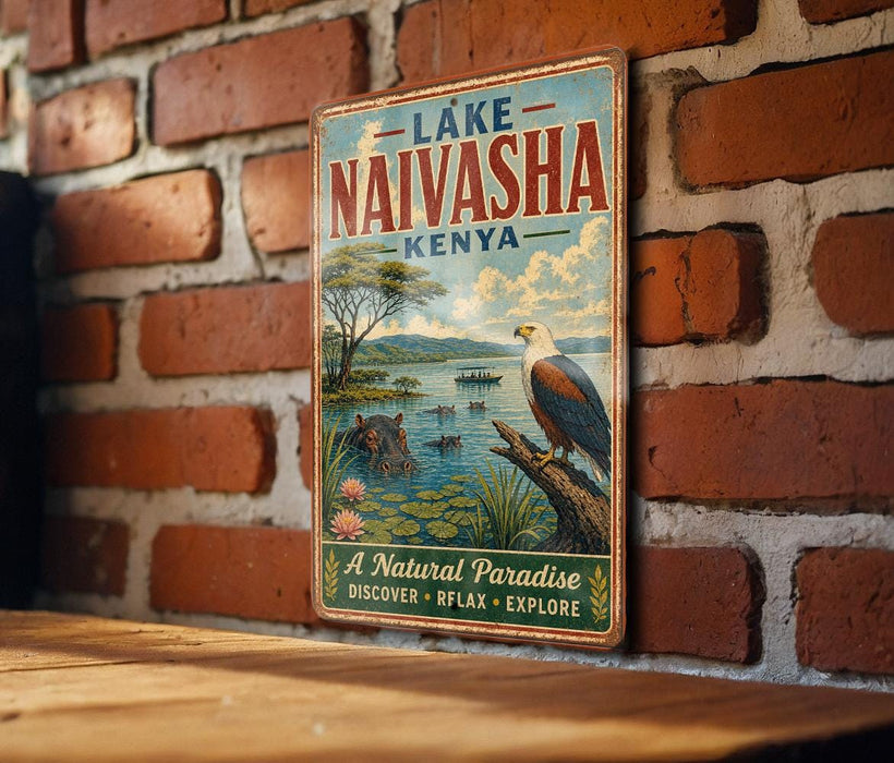 A vintage-style metal sign for Lake Naivasha, Kenya, featuring an illustration of a bird perched on a tree branch overlooking a body of water with a safari scene in the background.