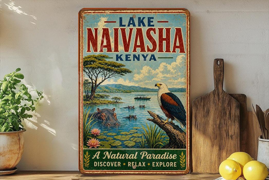 A vintage-style metal sign for Lake Naivasha, Kenya, featuring an illustration of a hippopotamus, a bird, and a scenic landscape.