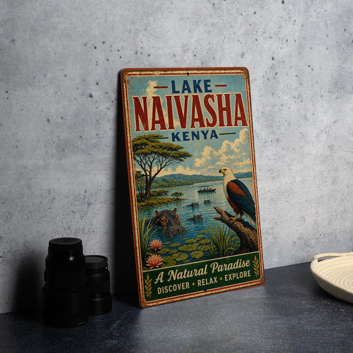 A vintage-style sign for Lake Naivasha, Kenya, featuring an illustration of a natural landscape with a bird, water, and wildlife.