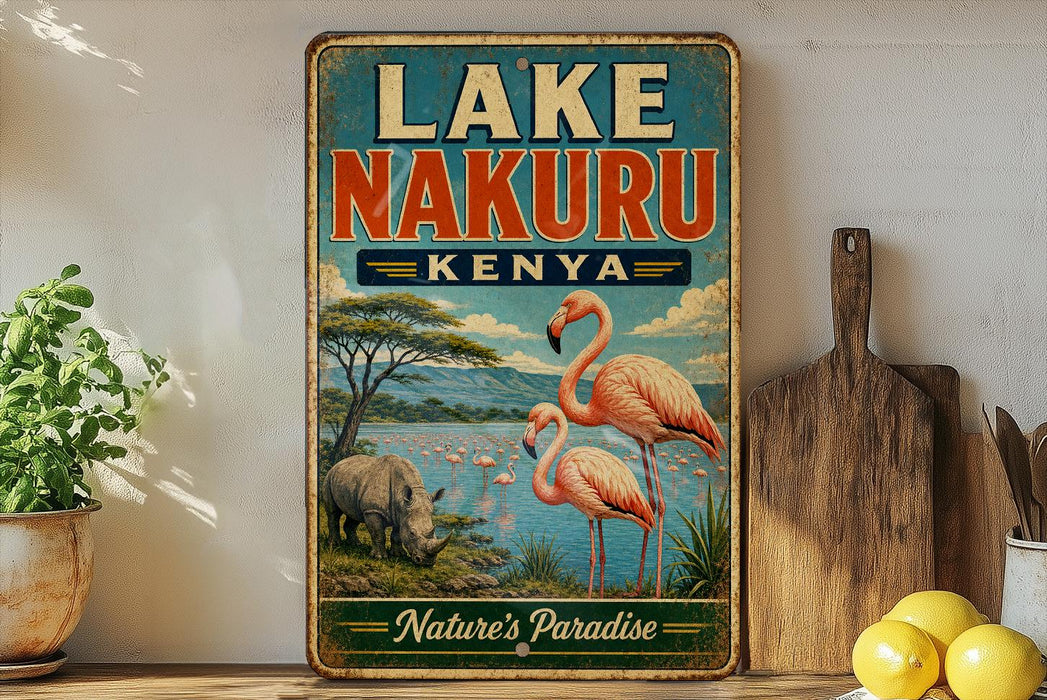 A vintage-style sign for Lake Nakuru, Kenya, featuring a flamingo and a rhinoceros in a natural landscape.