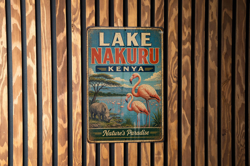 A vintage metal sign for Lake Nakuru, Kenya, featuring a flamingo and a rhinoceros in a natural landscape.