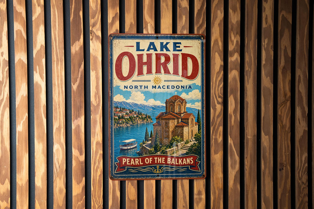 A vintage metal sign for Lake Ohrid in North Macedonia, featuring a scenic illustration of the lake and surrounding landscape.