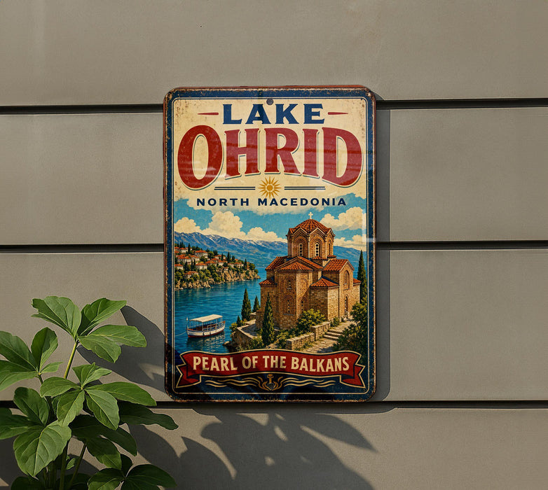 A vintage-style sign for Lake Ohrid in North Macedonia, featuring a scenic illustration of the lake and surrounding landscape.