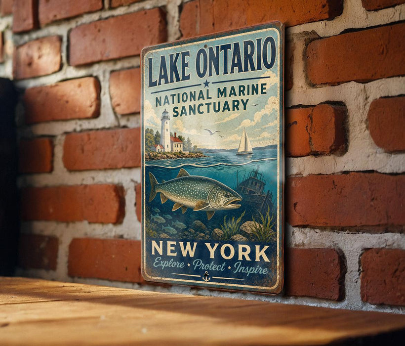 A vintage-style sign for Lake Ontario National Marine Sanctuary, featuring a fish illustration and a lighthouse, mounted on a brick wall.