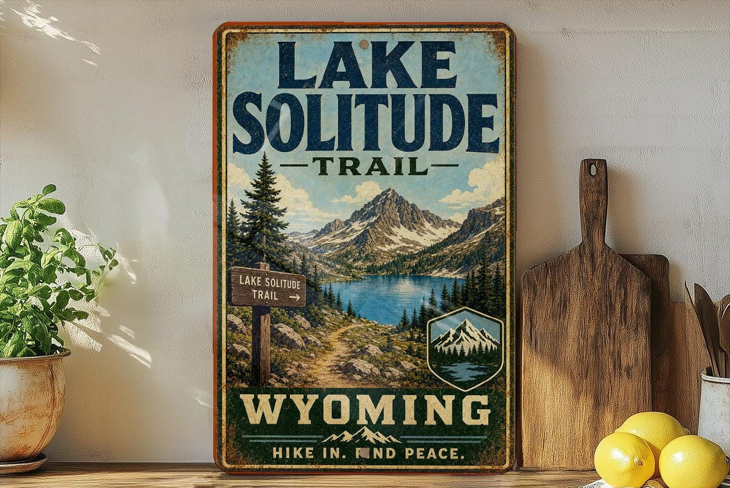 A vintage-style sign for the Lake Solitude Trail in Wyoming, featuring a scenic mountain landscape with a lake and pine trees.