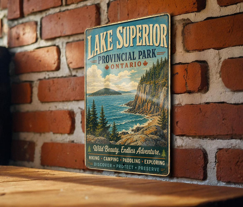 A vintage-style metal sign for Lake Superior Provincial Park in Ontario, featuring a scenic landscape with a mountain, lake, and forest.