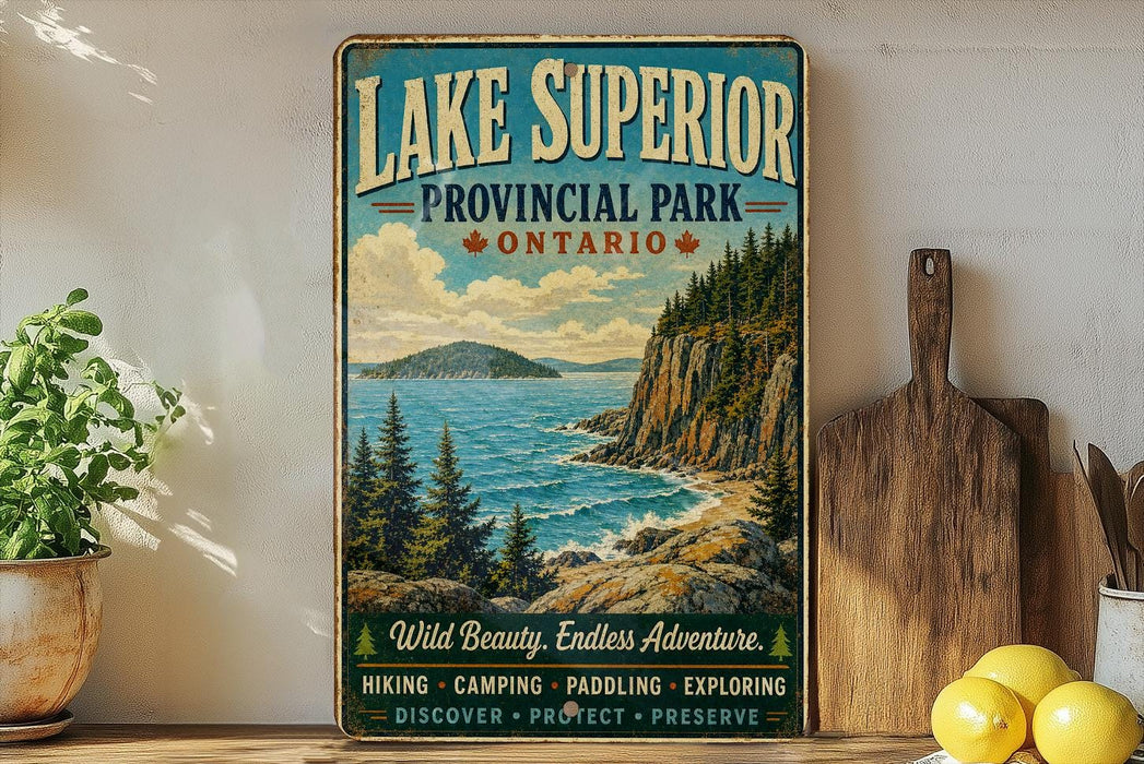 A vintage-style sign for Lake Superior Provincial Park in Ontario, featuring a scenic illustration of the lake surrounded by mountains and pine trees.