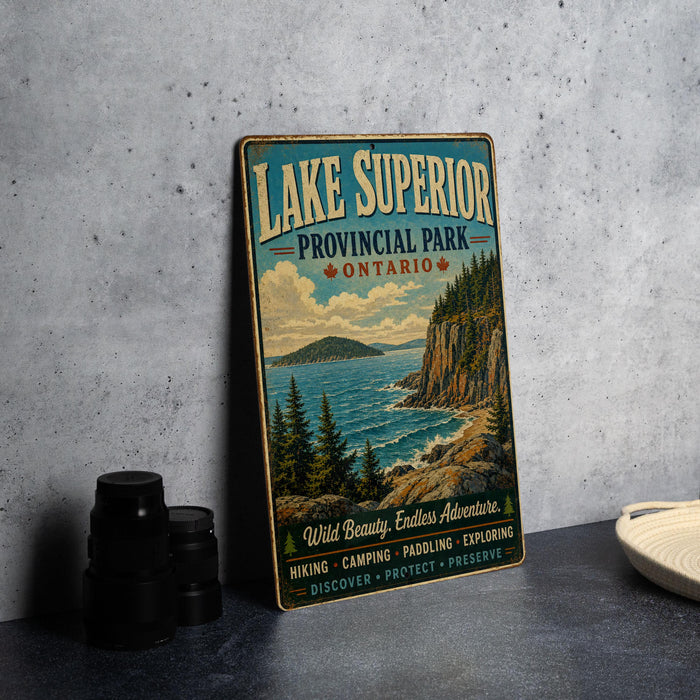 A vintage-style metal sign for Lake Superior Provincial Park, Ontario, featuring a scenic landscape with a mountain, lake, and pine trees.